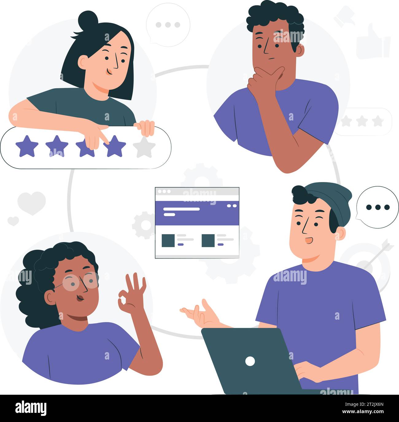 Hören Sie sich das Feedback des Teams an, um die Arbeitsqualität, die Kommunikationsfähigkeit oder die Kundenbeziehung zu verbessern, stellen Sie Fragen und beantworten Sie Fragen für das Konzept der Ideenentwicklung. Stock Vektor