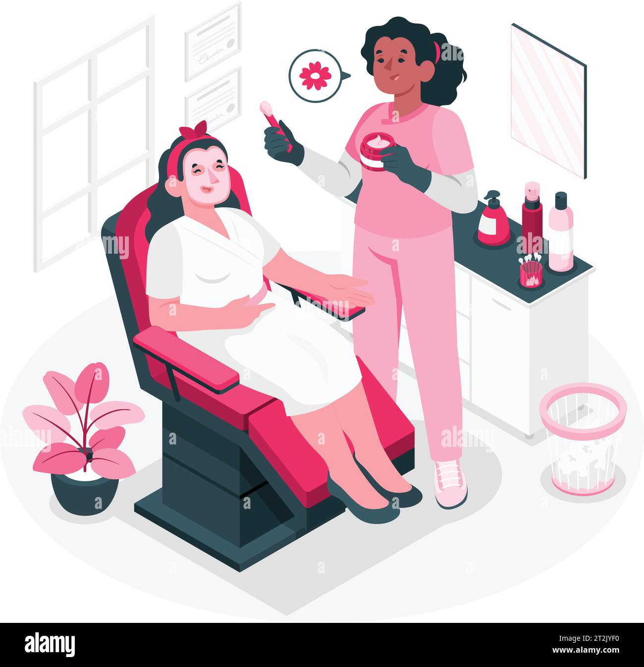 Cartoon-Kosmetikerin, die Maske auf das Gesicht der Frau aufträgt. Professionelle Kosmetikerin, die sich um die Haut der Klienten-Flachvektor-Illustration kümmert. Schönheitssalon. Stock Vektor