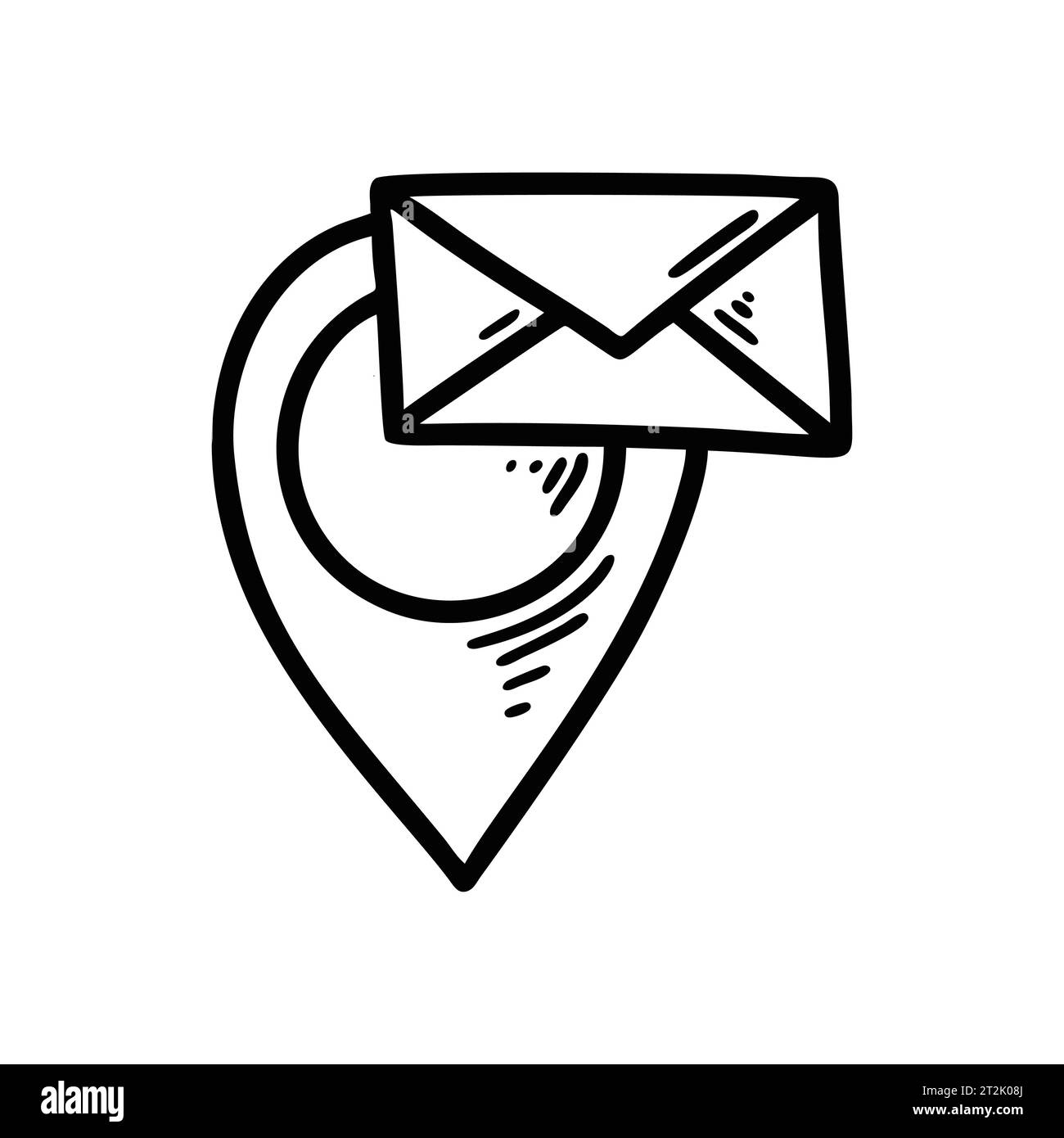 Symbol für den Standort des Postbüros mit Doodle. Handgezeichneter Stift für die Zuführkarte. Postmarkierung skizzieren. Empfangsort des Briefes Stock Vektor