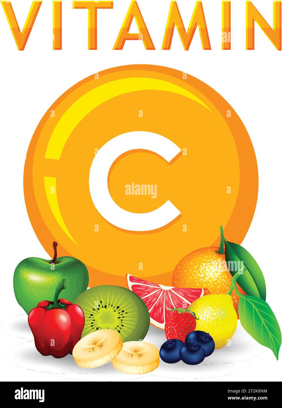Eine bunte Vektor-Illustration, die Vitamin C-reiche Früchte und Gemüse zeigt Stock Vektor