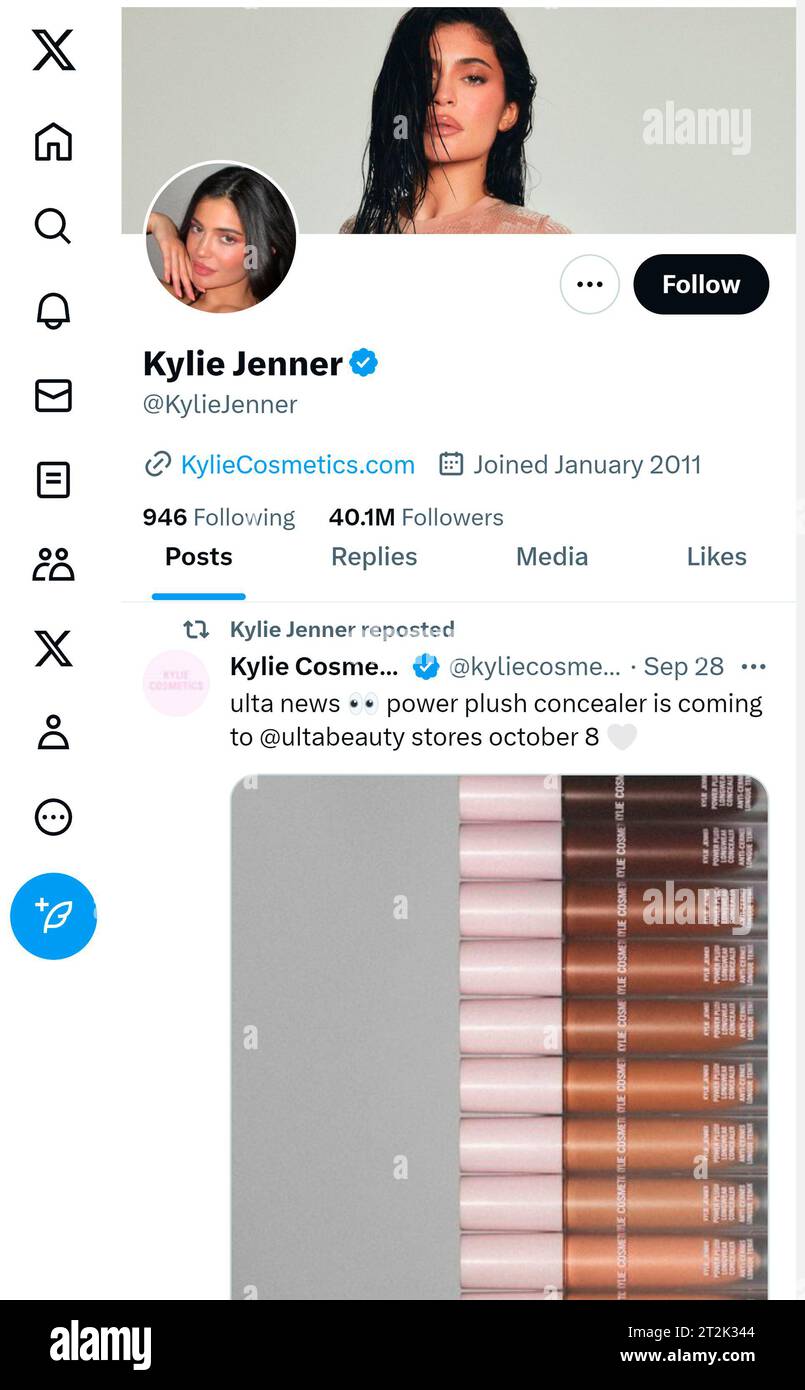 'X' - ehemals Twitter - Seite (Oktober 2023) von Kylie Jenner Stockfoto