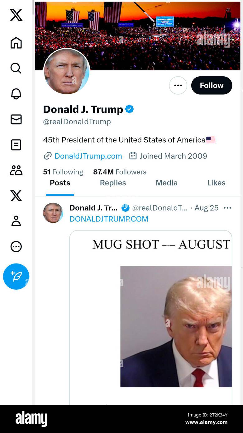 'X' - ehemals Twitter - Seite (Oktober 2023) von Donald J Trump, ehemaliger US-Präsident Stockfoto