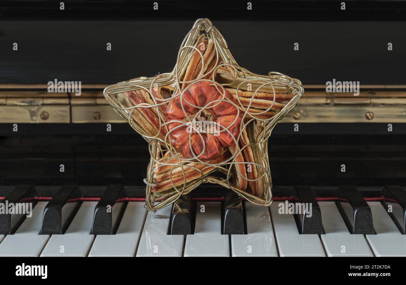 Goldenes, sternförmiges Gittergehäuse ist mit getrockneten Früchten gefüllt, die auf der Klaviertastatur stehen. Getrocknete Früchte in sternförmigem Metallgehäuse auf Tastatur, Christmas de Stockfoto
