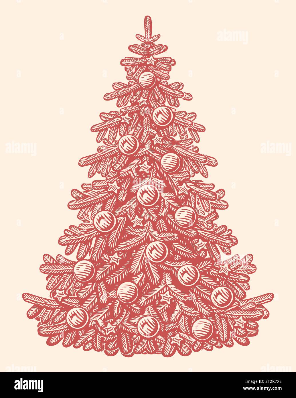 Tannenbaum mit Lichtern und Kugeln im Retro-Stil dekoriert. Frohe Weihnachten und frohes neues Jahr. Handgezeichneter Skizzenvektor Stock Vektor