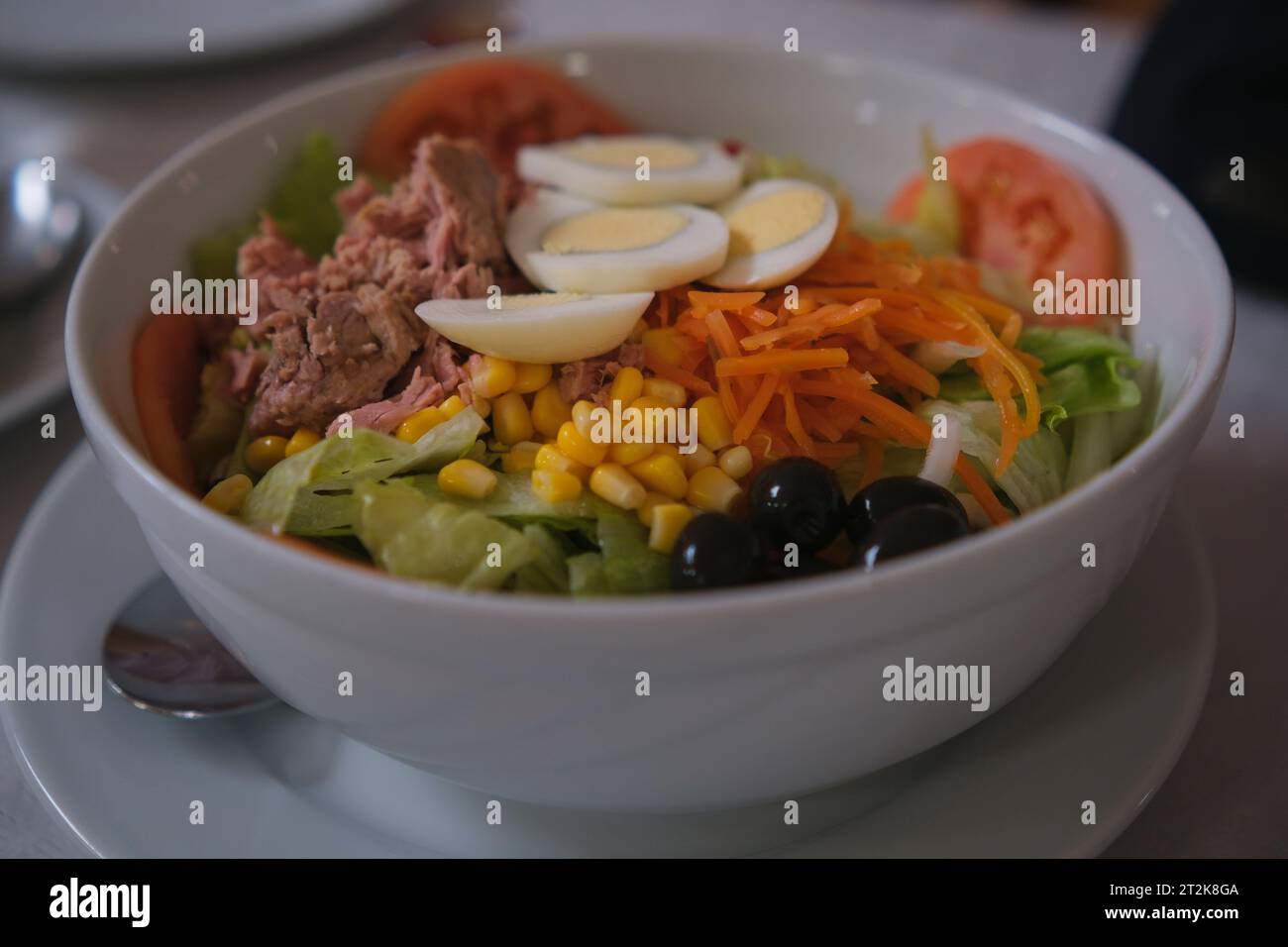 Köstlicher und frischer gemischter Salat mit Thunfisch, Tomaten, hartgekochten Eiern, Salat, Zuckermais, geriebene Karotten und schwarze Oliven. Stockfoto