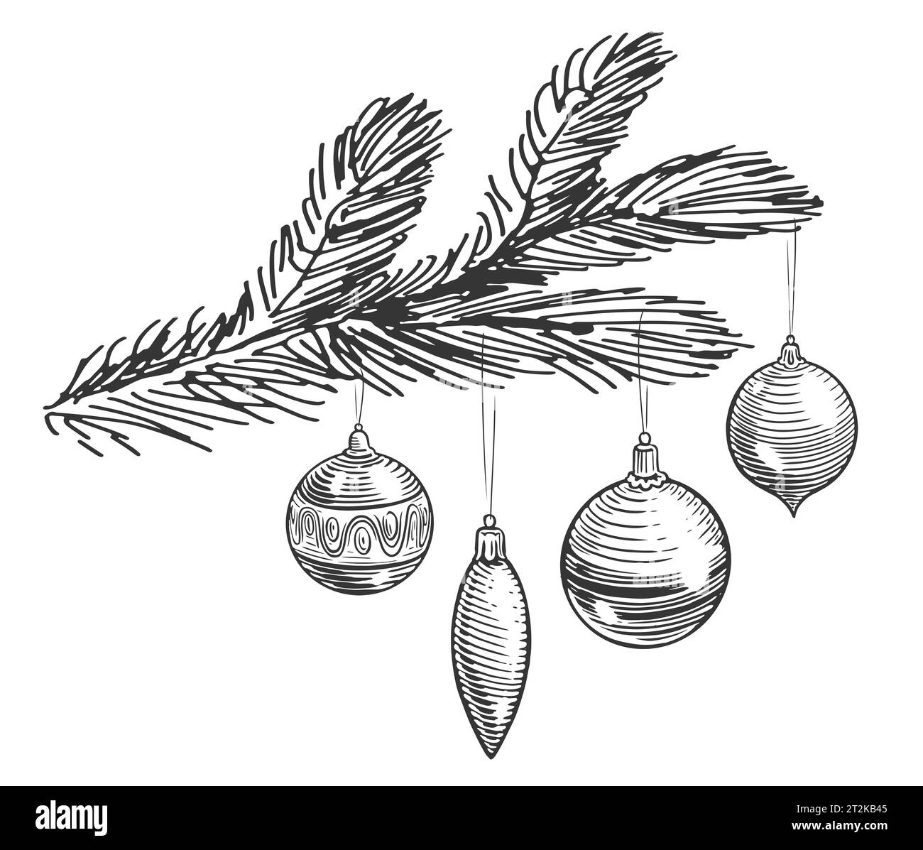 Deko-Kugeln am Tannenzweig. Frohe Weihnachten und frohes neues Jahr. Handgezeichnete Illustration im Skizzenstil Stockfoto