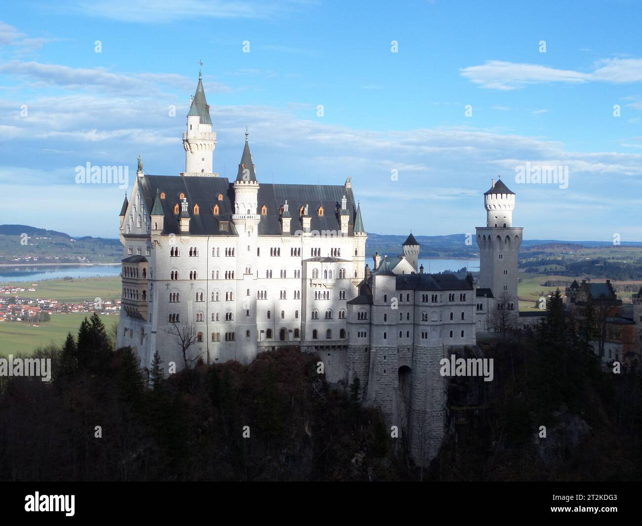 Schloss Neuschwanstein, Schloss Hohenschwangau, Forggensee, Zugspitzkreuz Stockfoto