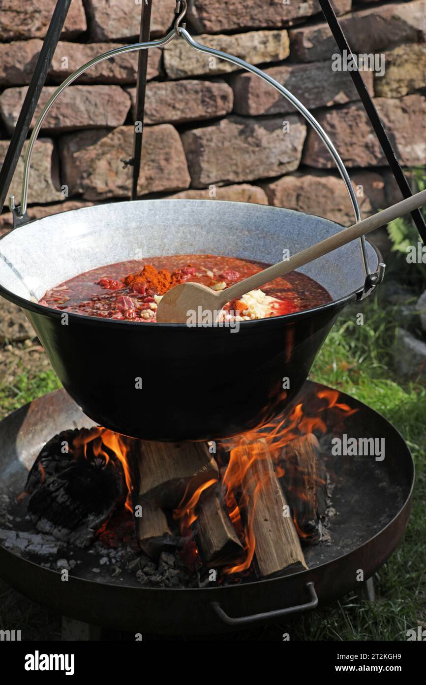 Fleisch und Gemüse in einem Gulasch-Wasserkocher an einer Feuerstelle Stockfoto