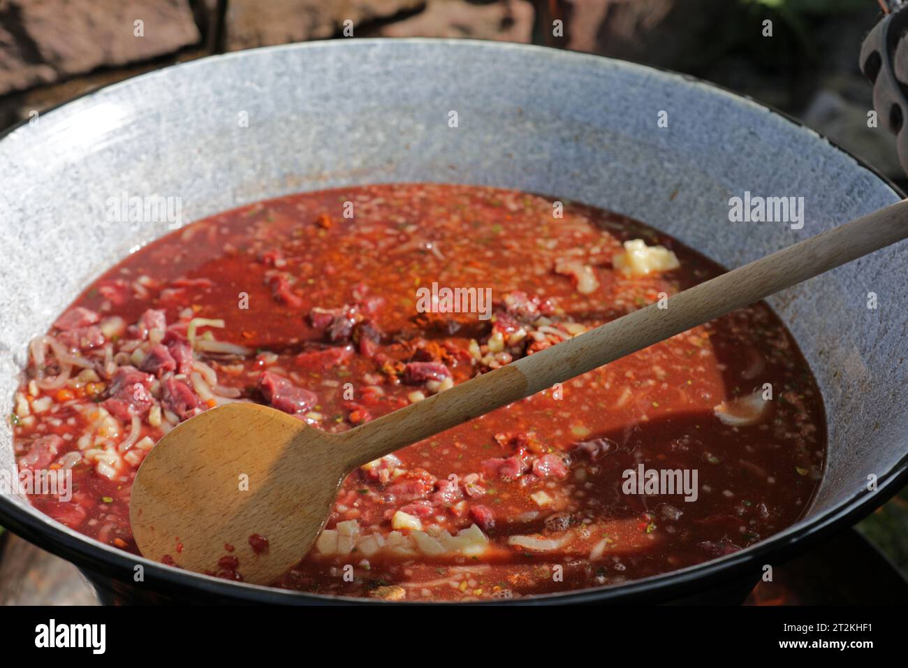 Fleisch und Gemüse in einem Gulasch-Wasserkocher an einer Feuerstelle Stockfoto