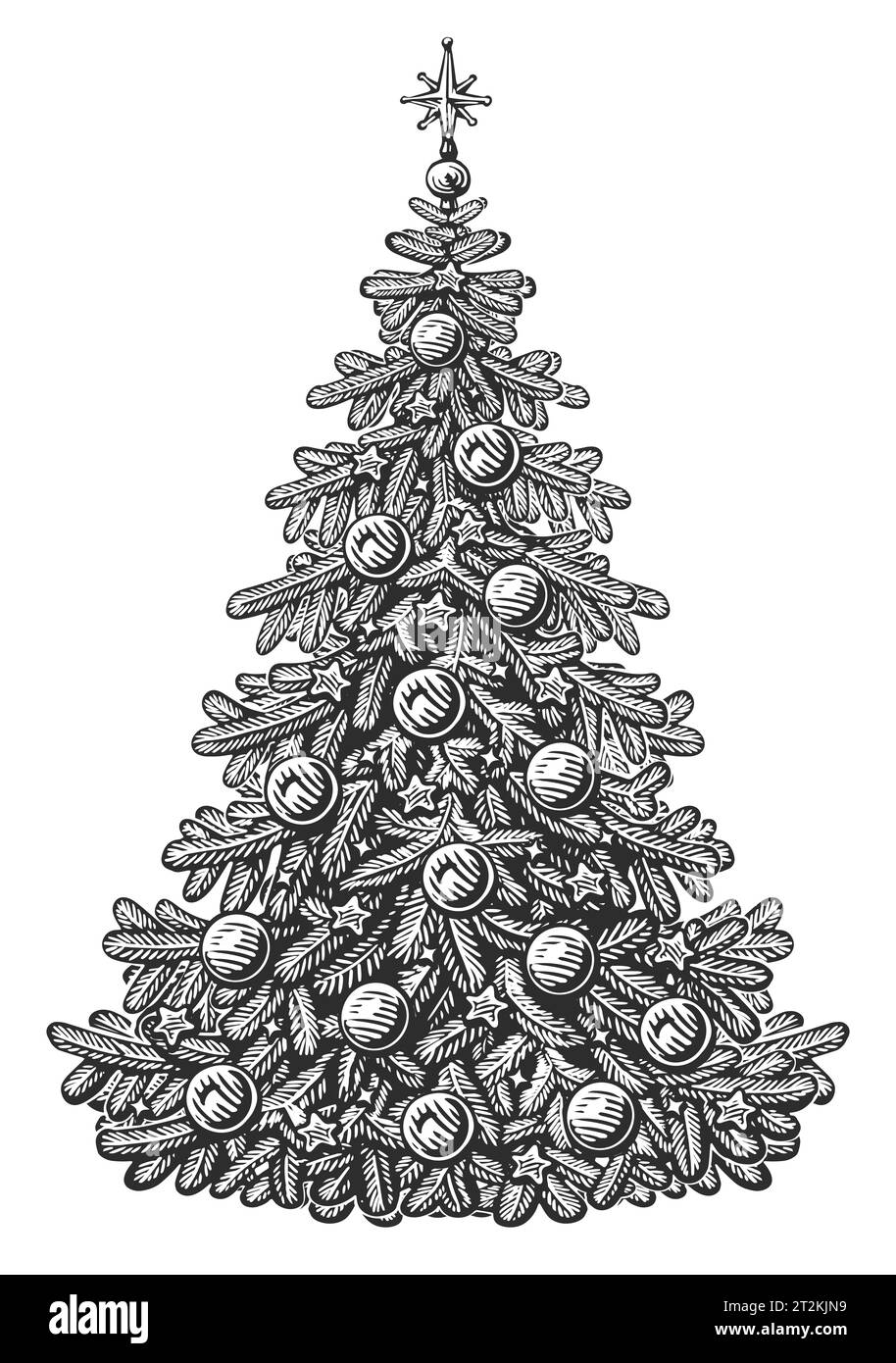 Handgezeichneter Tannenbaum mit Lichtern und Kugeln verziert. Frohe Weihnachten und frohes neues Jahr. Illustrationsskizze Stockfoto