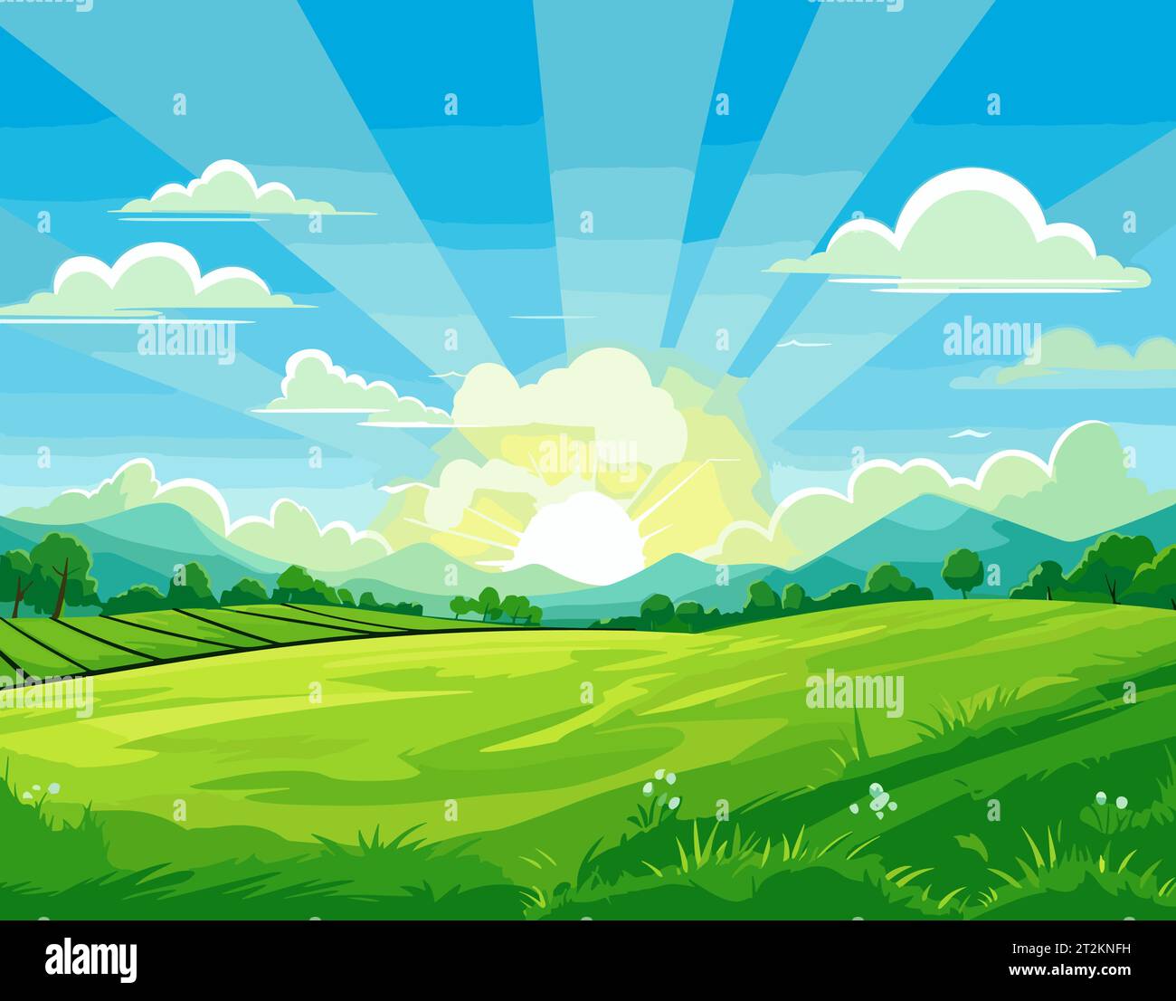 Helle Sonne über der Karikaturlandschaft Stock Vektor