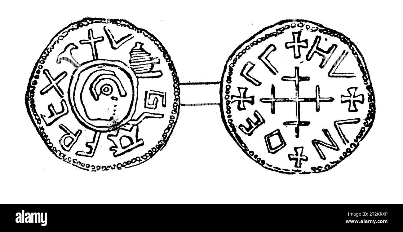 Zeichnung eines Silbernen Penny aus der Regierungszeit von König Wiglaf von Mercia; 9. Jahrhundert. Black-and-White-Illustration aus dem „Old England“, veröffentlicht von James Sangster im Jahr 1860. Stockfoto