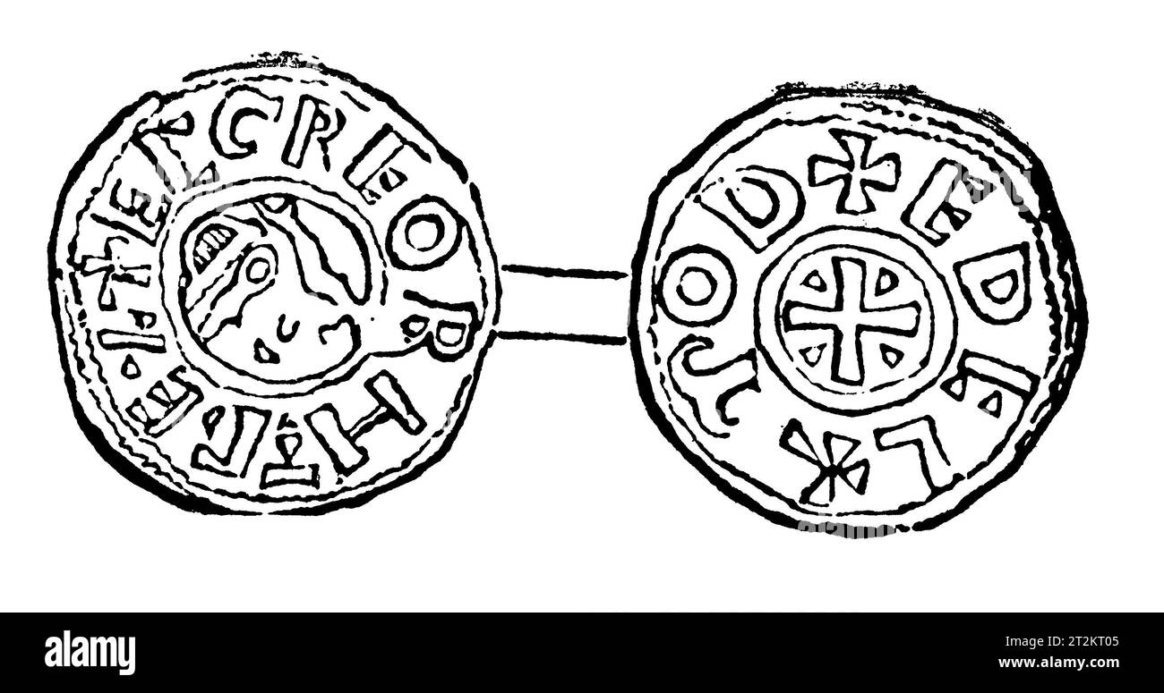 Zeichnung eines Silbernen Penny aus der Regierungszeit von König Egbert oder Ecgberht, König von Wessex; 9. Jahrhundert; Schwarz-weiß-Illustration aus dem „Alten England“, veröffentlicht von James Sangster 1860. Stockfoto