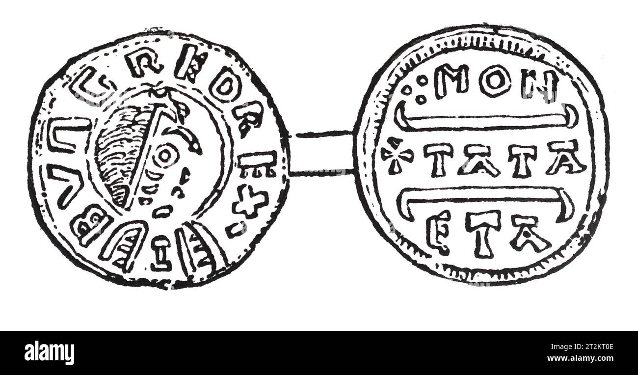 Zeichnung eines Silbernen Penny aus der Regierungszeit von König Burgred von Mercia; 9. Jahrhundert. Black-and-White-Illustration aus dem „Old England“, veröffentlicht von James Sangster im Jahr 1860. Stockfoto