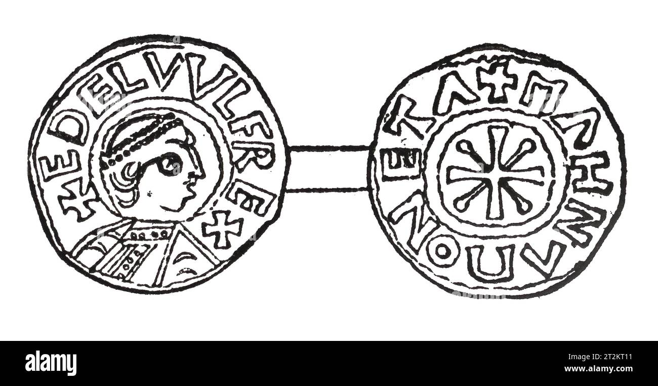 Zeichnung eines Silbernen Penny aus der Regierungszeit von König Aethelwulf oder Ethelwulf von Wessex; 9. Jahrhundert. Black-and-White-Illustration aus dem „Old England“, veröffentlicht von James Sangster im Jahr 1860. Stockfoto