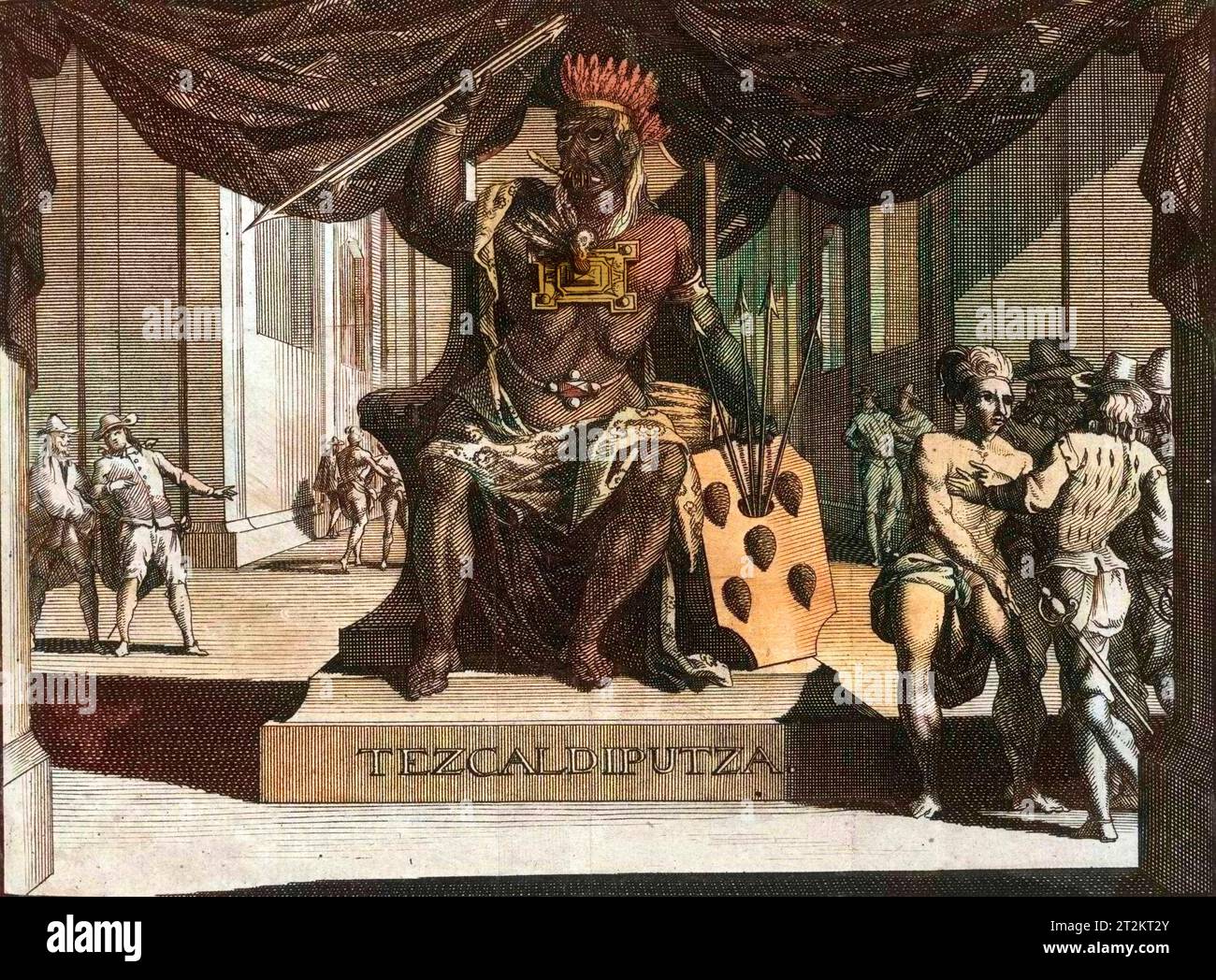 Die Statue des aztekischen Gottes Tezcatlipoca (Tezcaldiputza) mit Indianern und Europäern im freundlichen Gespräch. Stockfoto
