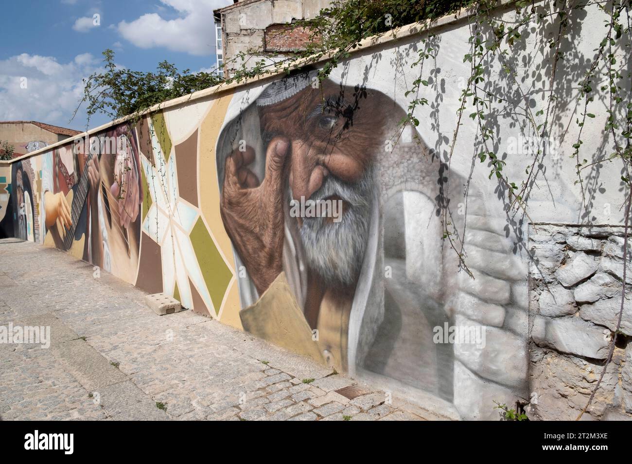 Straßenkunst mit dem Titel „El Callejón de las Brujas“ von den urbanen Künstlern Christian Fernandez Vicario und Christian Saldaña. Burgos, Spanien. Stockfoto