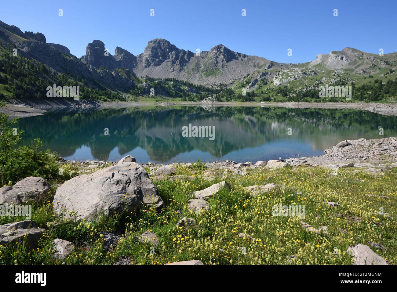 Reflexionen auf der Oberfläche des Allos-Sees oder des Lac Allos im Nationalpark Mercantour & Haut Verdon Alpes-de-Haute-Provence Französische Alpen Frankreich Stockfoto