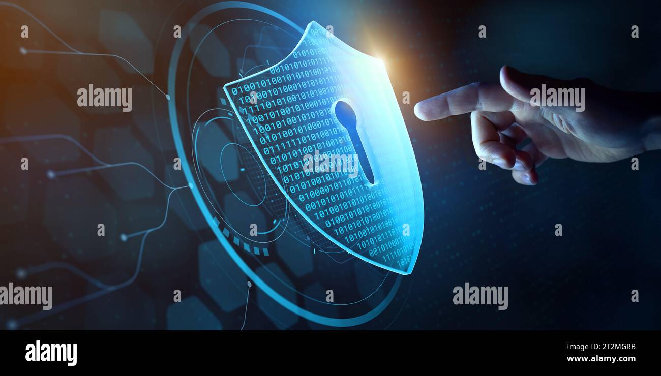Datensicherheit, Datenschutz und Datenschutz im Internet. Person, die den virtuellen Schild berührt, sicherer Zugang, verschlüsselte Verbindung. Kennwortgeschütztes System und Stockfoto
