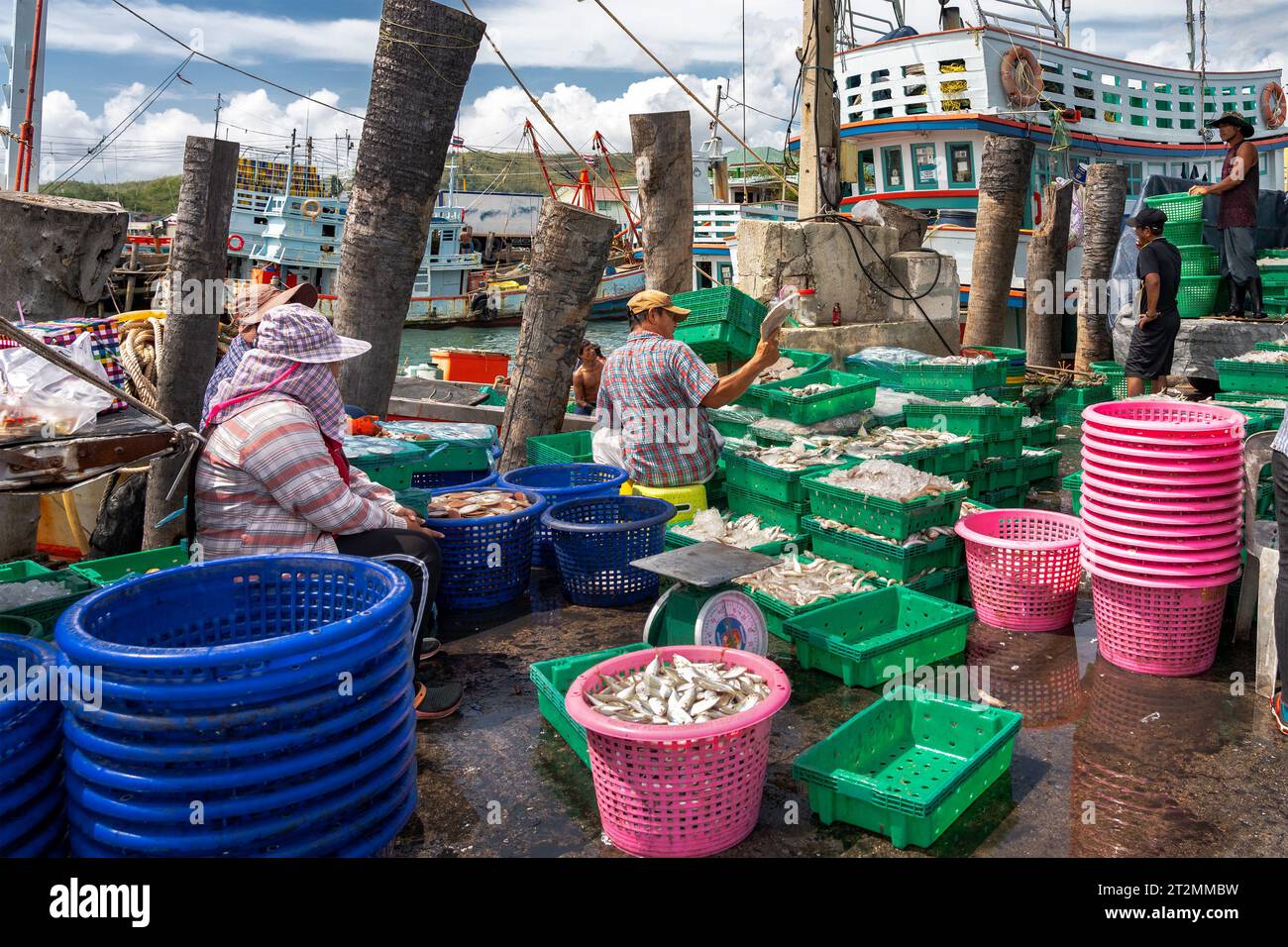 Samaesan Fischerdorf, Thailand, 1. September 2023: Arbeiter entladen Fische von einem nahe gelegenen Fischerboot in Körbe und stapeln sie für potenzielle Käufer Stockfoto