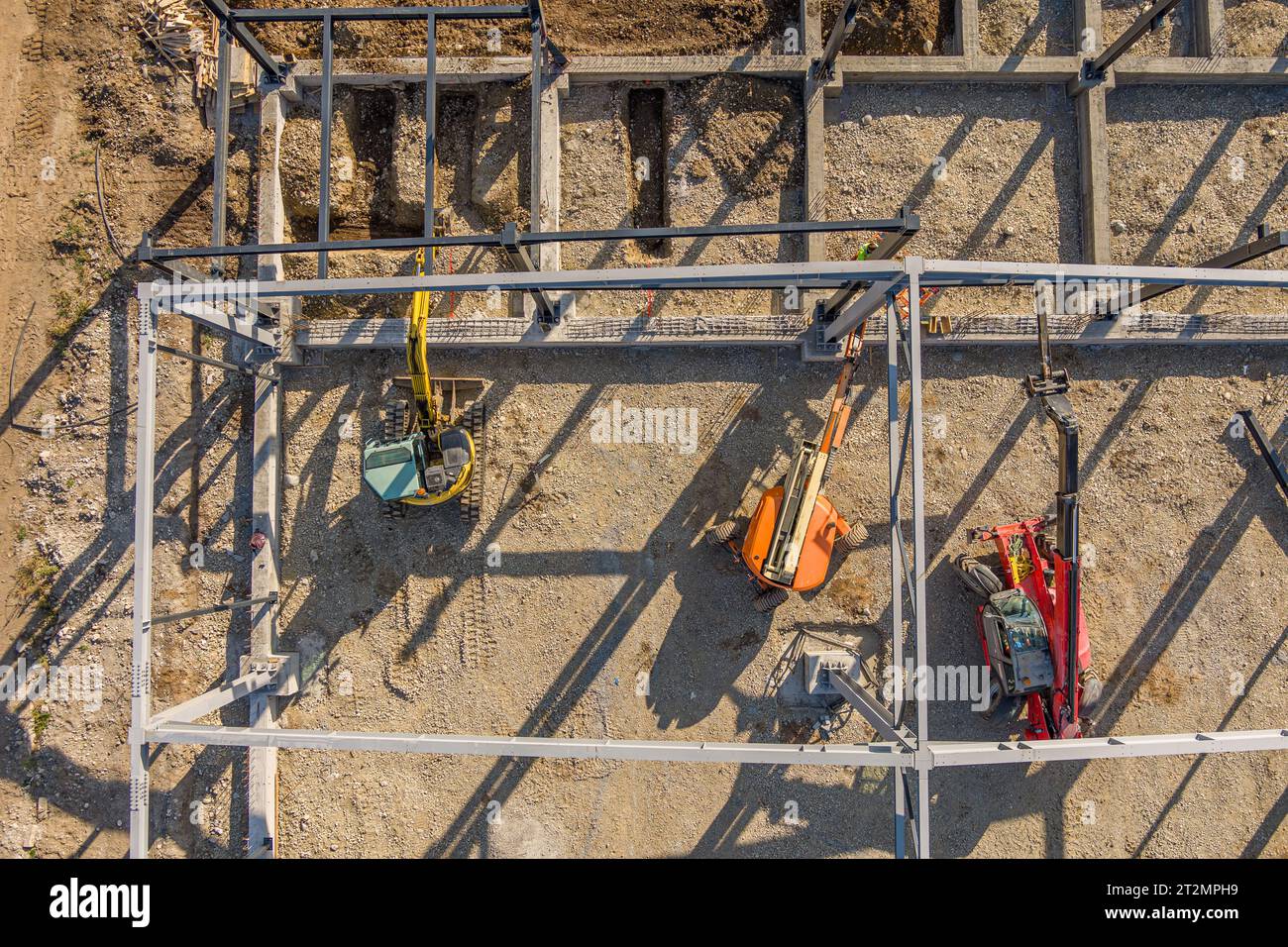 Baustelle, Stahlkonstruktion im Bau, Luftsicht Stockfoto