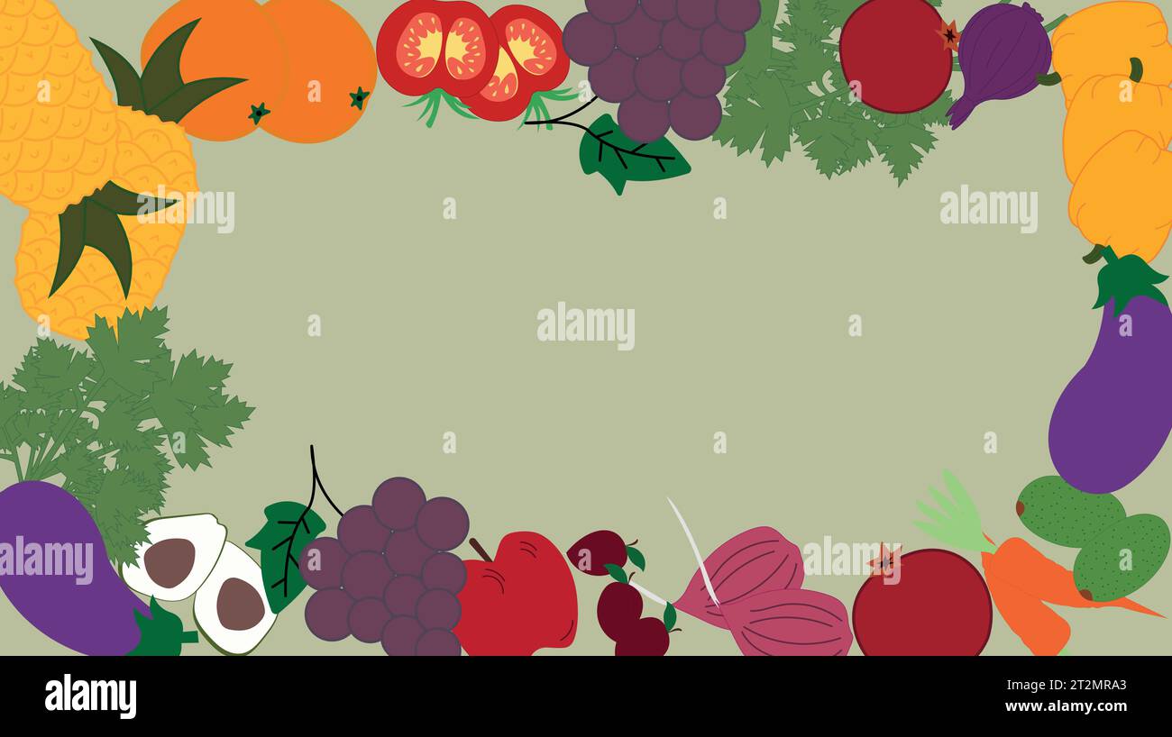 Veganes nahtloses Design. Welt-veganer Tag, Welt-vegetarischer Tag. Handgezeichneter Rahmen mit Gemüse und Obst. Stock Vektor