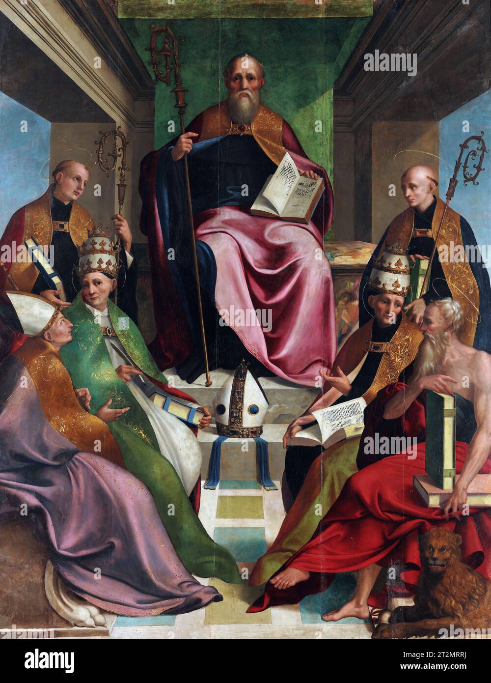 Benedikt von Nursia. Gemälde mit dem Titel „St. Benedikt auf dem Bischofsthron inmitten der Kirchenlehrer von Andrea Sabatini da Salerno (1487–1530), Öl auf Platte, um 1529-30 Stockfoto