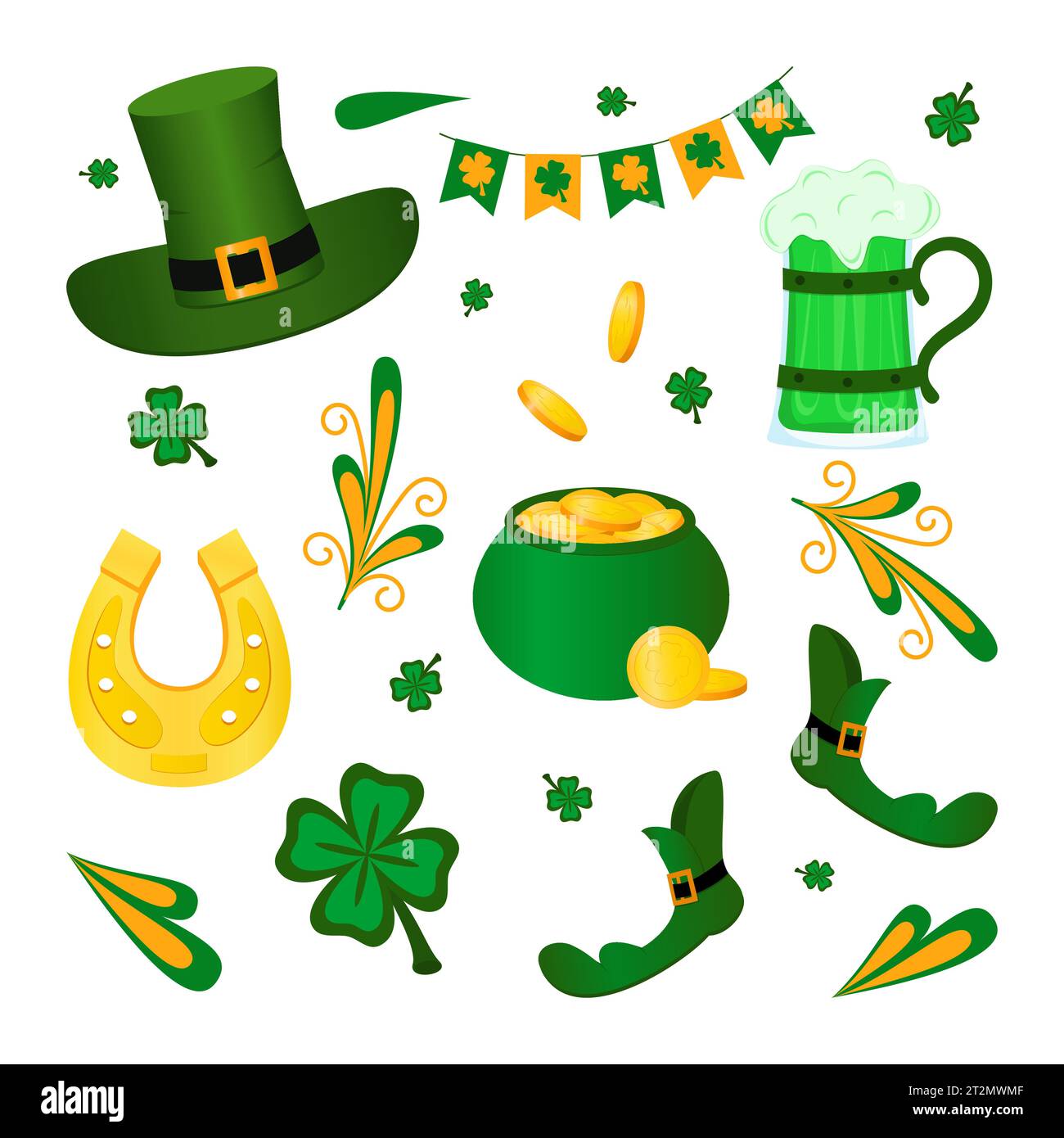 Urlaub. St. Patrick's Day Clip Art Collection. Grünklee, Glück, Gold. Stock Vektor