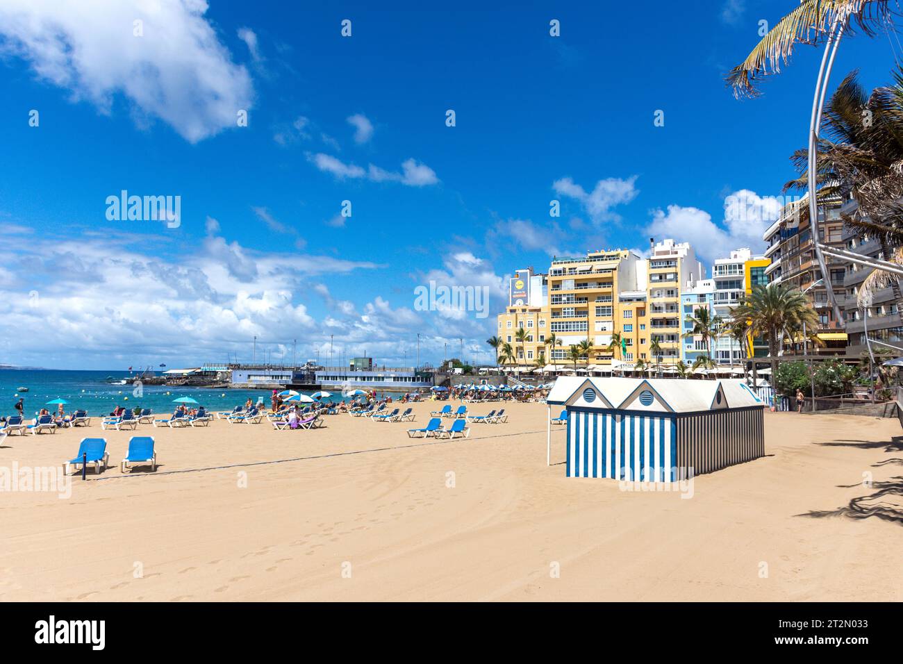 Blick auf den Strand, Playa de las Canteras, Las Palmas de Gran Canaria, Gran Canaria, Kanarische Inseln, Spanien Stockfoto