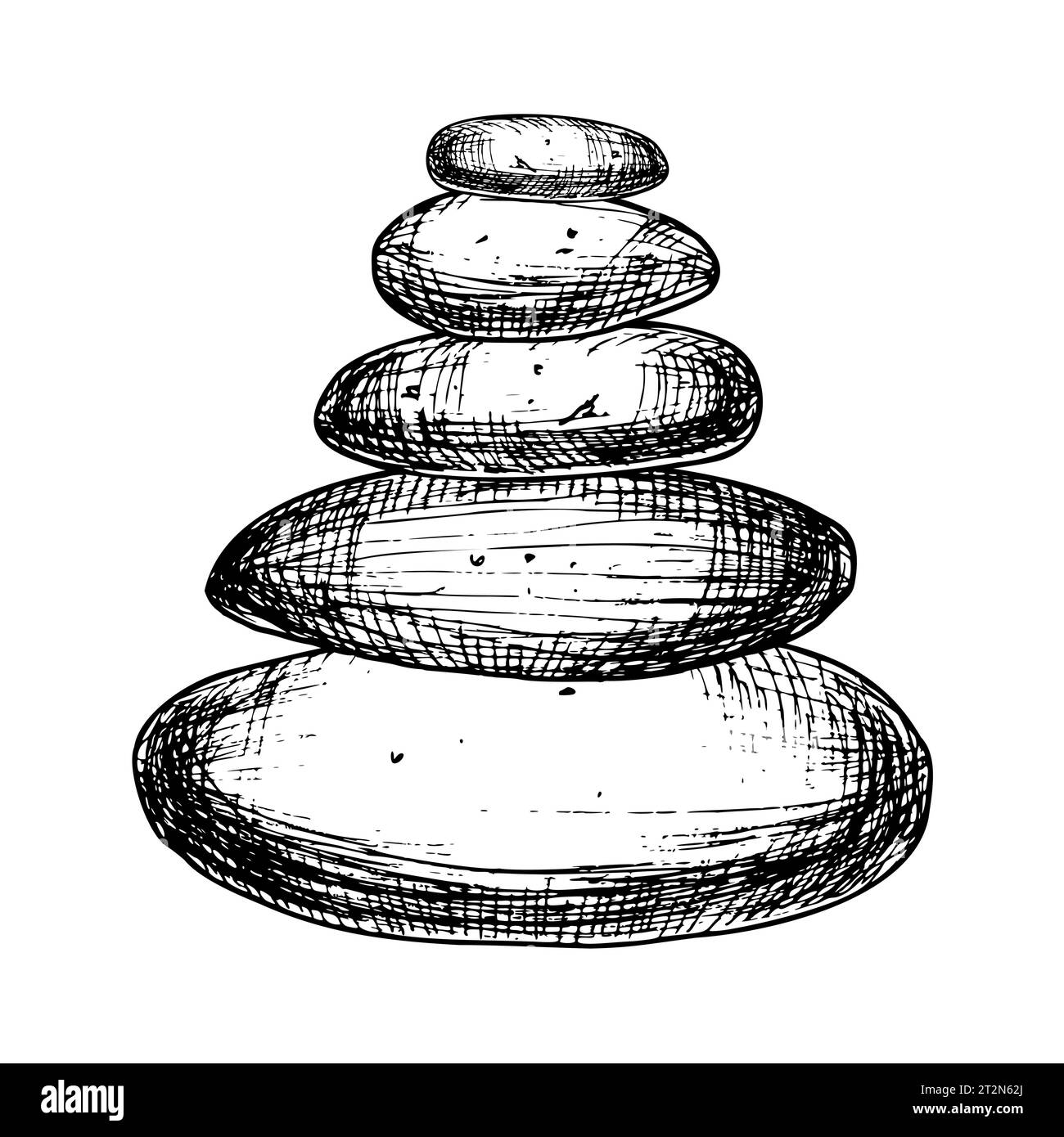 Pyramide der Balancing Stones für Zen oder Yoga. Handgezeichnete lineare Vektor-Illustration in Schwarz-weiß-Farben. Einfarbige Gravur für Meditation oder Spiritualität im Umrissstil. Geätzte Skizze. Stock Vektor