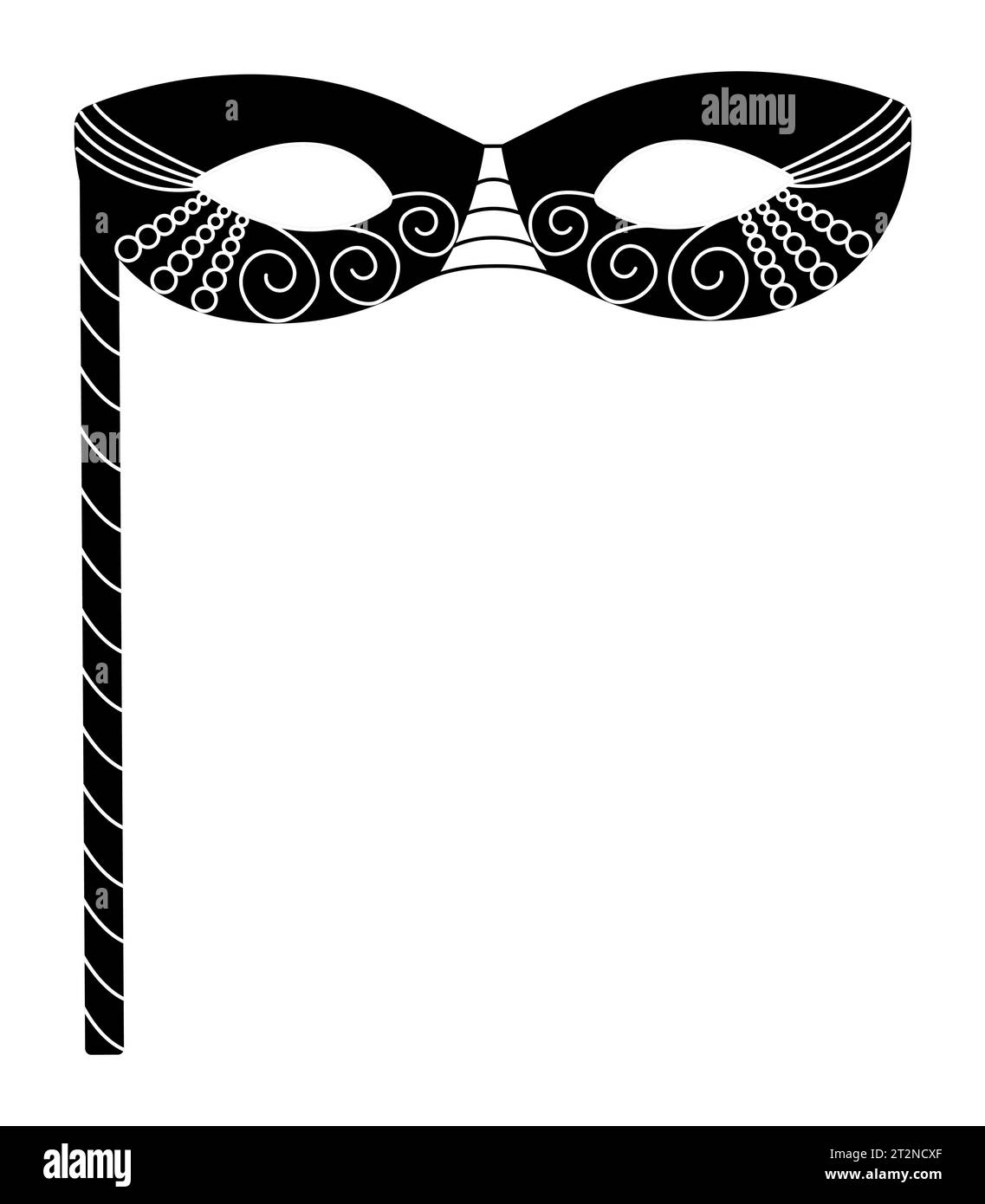 Schwarze Maskerade Maske mit einem Stock, schwarz-weiße Vektor-Illustration für Purim Urlaub Stock Vektor