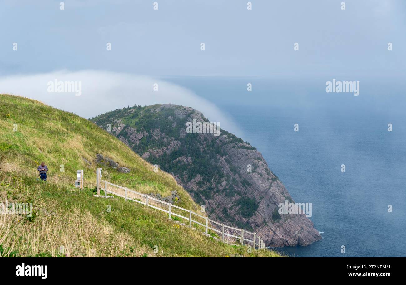 Nebeliger Morgen am Signal Hill Lookout in St. John's, Neufundland. Stockfoto