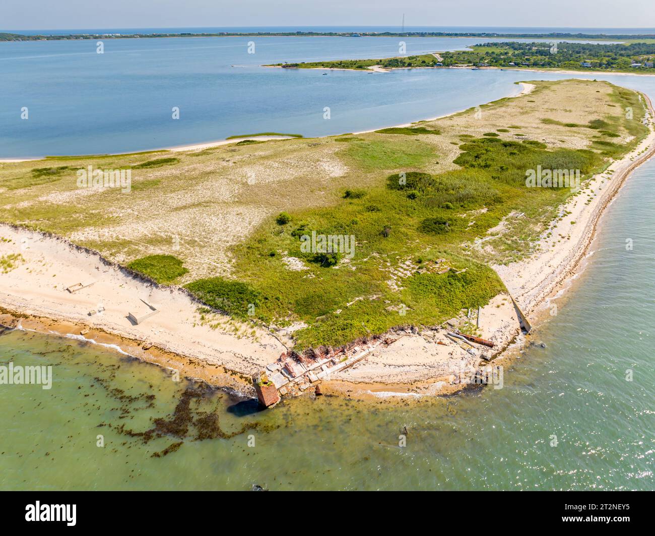 Blick aus der Vogelperspektive auf die Ruinen von Gardiners Point Island Stockfoto