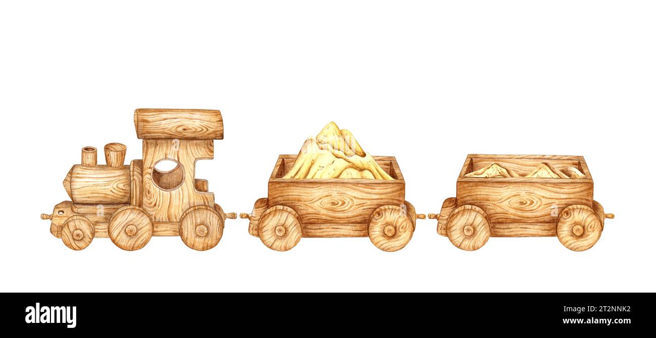 Kinderspielzeug, Holzzug mit Sand und zwei Wagen. Aquarellabbildung von Kleinkindtransporten auf isoliertem Hintergrund. Zeichnung eines Stockfoto