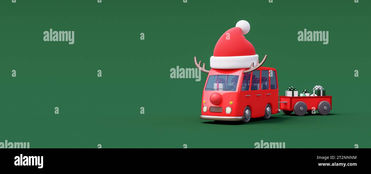 Roter Bus mit Weihnachtsmütze und Weihnachtsgeschenken auf grünem Hintergrund. Winter Holidays Concept 3D Rendern 3D Illustration Stockfoto