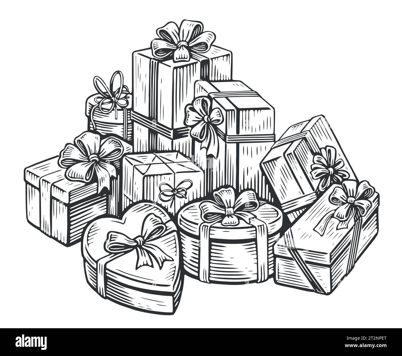 Großer Haufen Geschenkboxen aus festlichem Geschenkpapier mit Schleife und Schleifen. Weihnachts- und Weihnachtsgeschenke. Skizzenvektor Stock Vektor