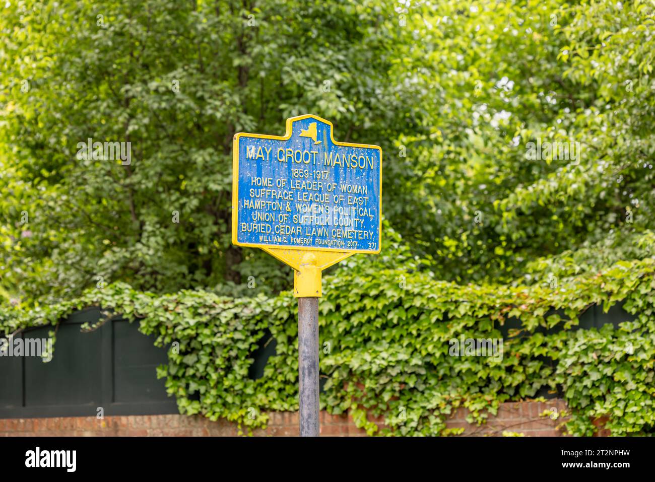 new york State Historisches Schild für May groot Villa Stockfoto