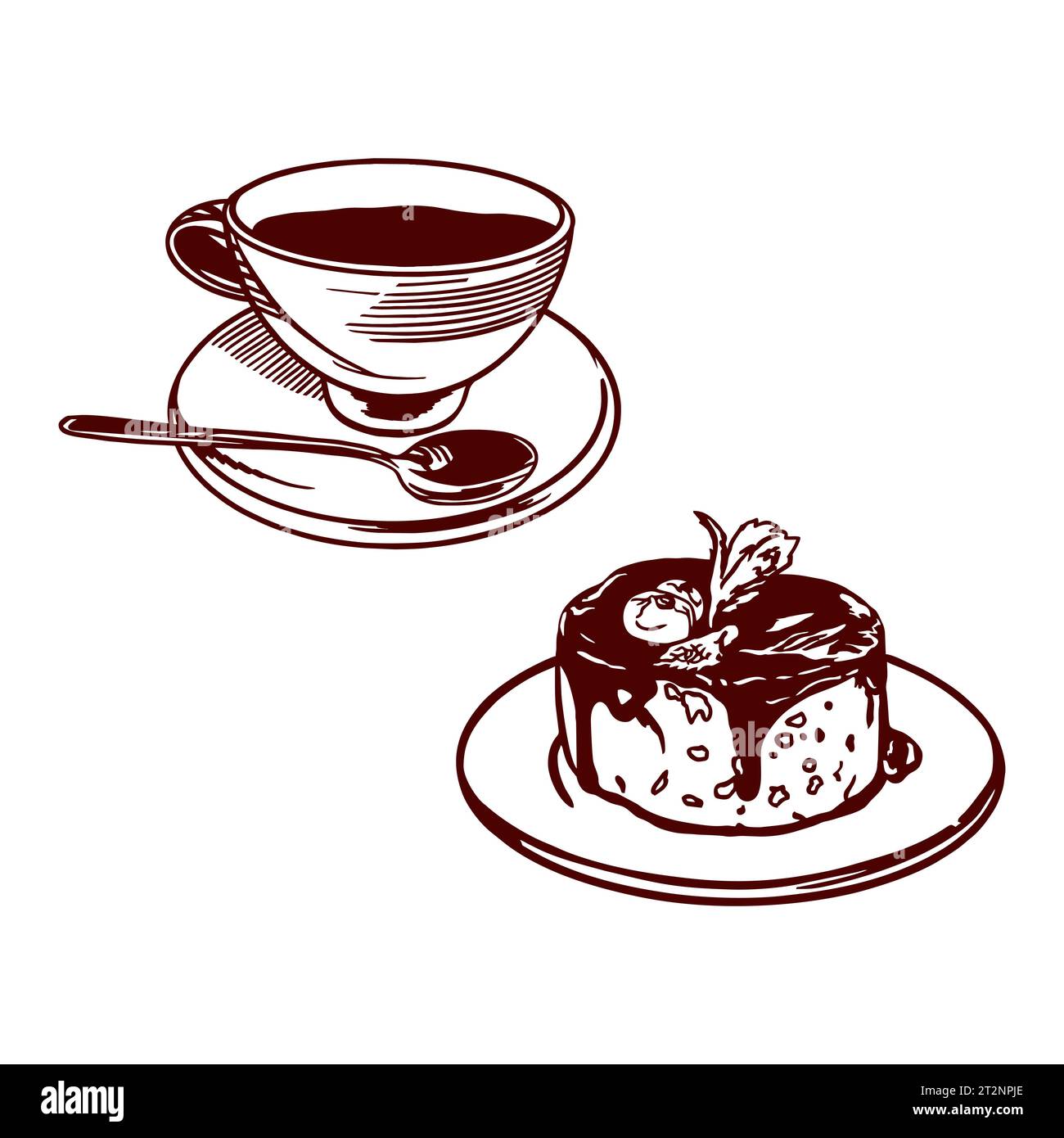 Tasse Tee und Kuchen. Vektorillustration von Lebensmitteln in grafischem Stil. Designelement für Speisekarten von Restaurants, Cafés, Snackbars, Lebensmitteletiketten, Abdeckungen. Stock Vektor