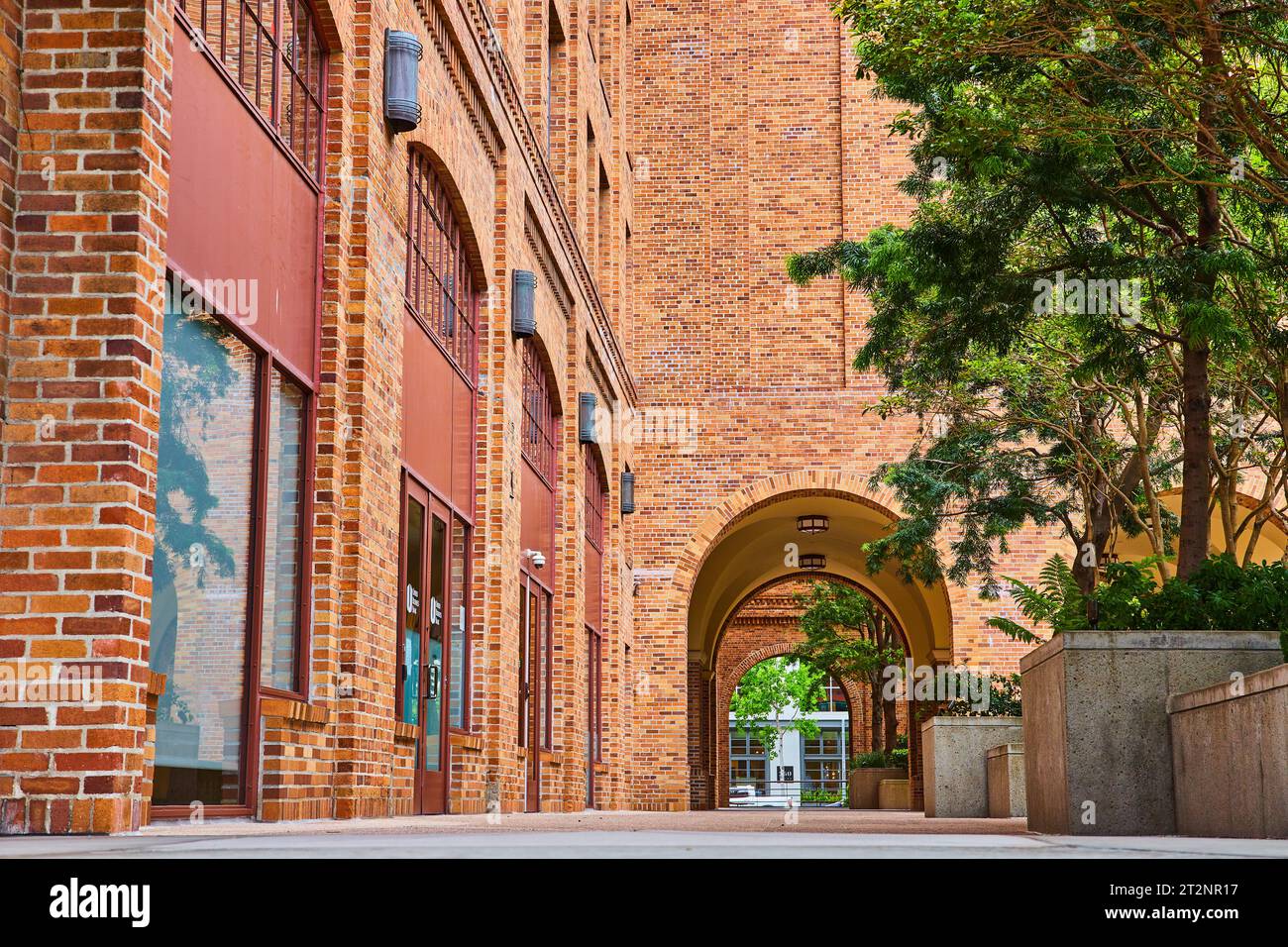 Der Bürgersteig führt unter mehreren Bögen, die von grünen Bäumen gesäumt sind, und endet in einem weißen Gebäude Stockfoto