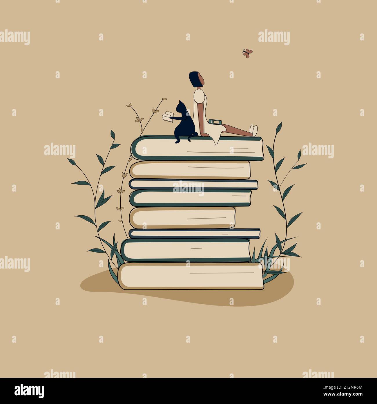 Konzept: Buch ist Quelle des Wissens. Eine kleine afrikanische Frau und Katze liest Buch, die auf einem Stapel von Büchern sitzen. Bände mit Pflanzen als Symbol der Bildung Stock Vektor