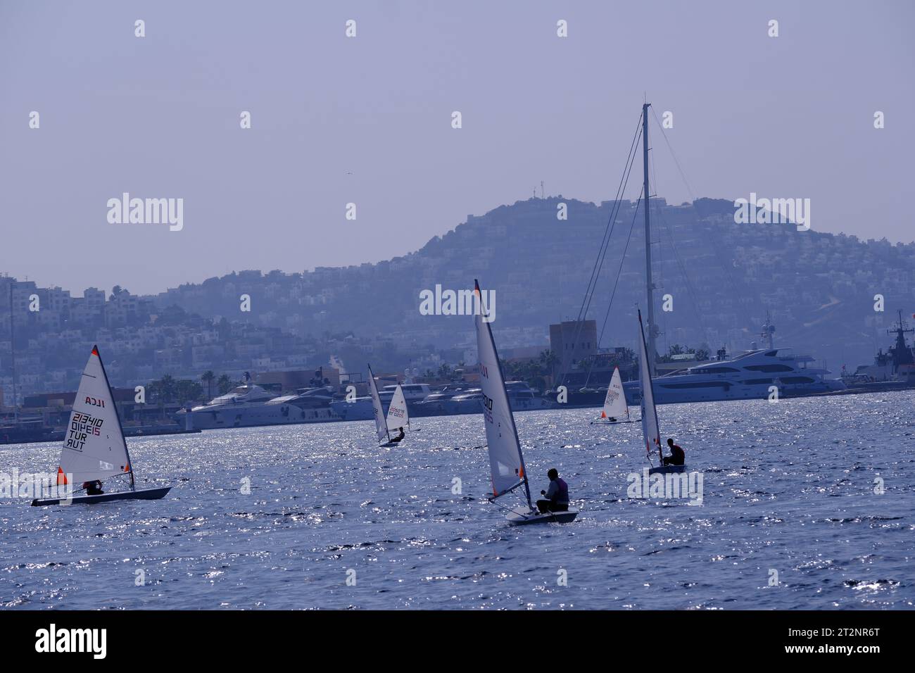 Kleine Segelboote von Segelschulen für Rennen an einem sonnigen Sommertag Stockfoto
