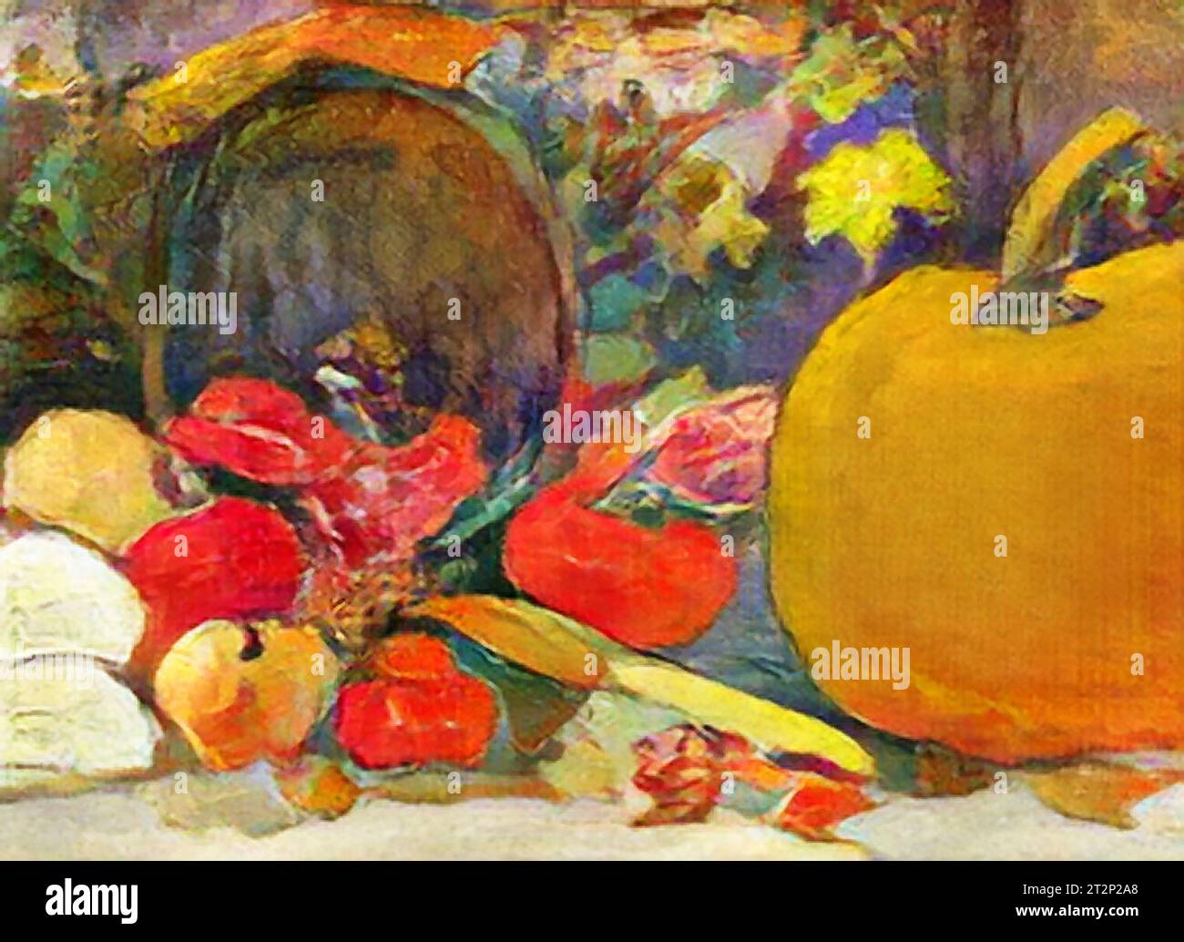 Ein wunderschönes, farbenfrohes digitales Gemälde einer Herbsternte, komplett mit einem Kürbis. Stockfoto