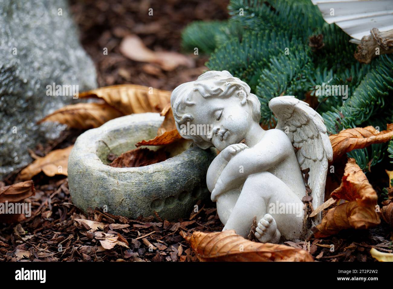 Niedlicher weißer Putto, der auf einem Grab mit Herbstlaub auf einem Friedhof schläft Stockfoto