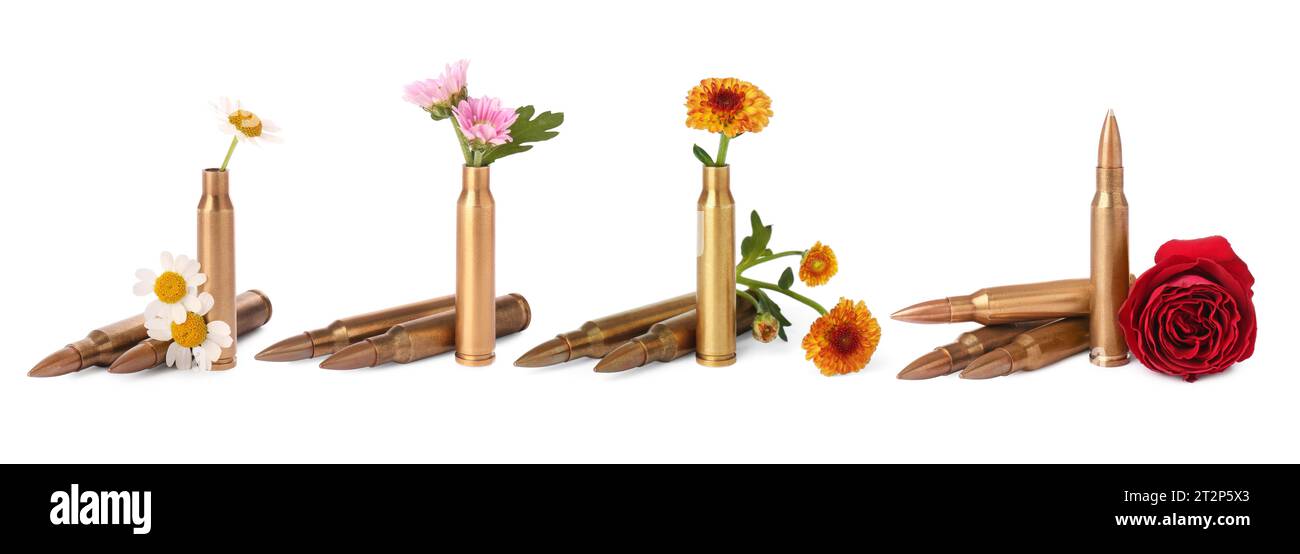 Ein Set von Kugeln und schönen Blumen isoliert auf weiß Stockfoto