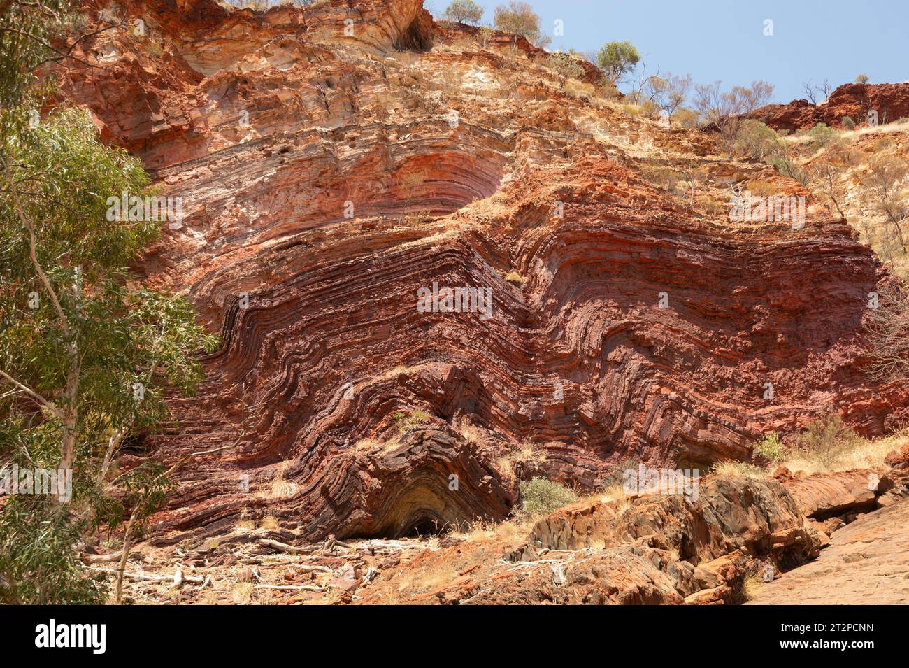 Hügelige Schichten in Felsformationen in der beliebten Hamersley Gorge, Karijini National Park, Western Australia, Australien Stockfoto