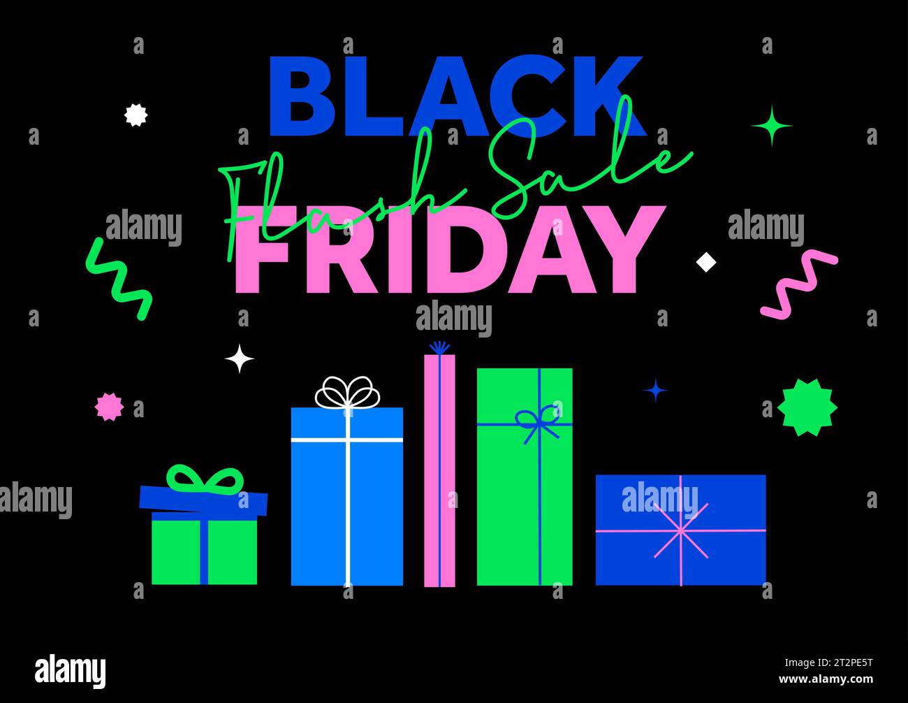 Black friday Super Sale Bannerschablone mit farbenfrohen Geschenkboxen. Flacher Geschenkgutschein zum Sonderpreis, isoliert auf Hintergrund. Premium-Preis-Angebot mit Konfetti. Vektorabbildung. Vektorabbildung Stock Vektor