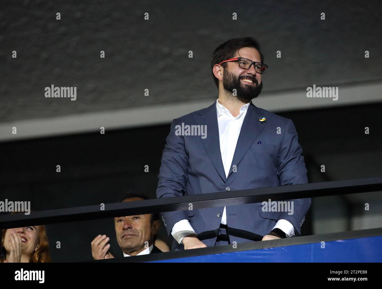 Santiago, Chile. Oktober 2023. (SPO) Eröffnungszeremonie der Panamerikanischen Spiele 2023 in Santiago. 20. Oktober 2023, Santiago, Chile: Die Eröffnungszeremonie der Panamerikanischen Spiele 2023, die vom 20. Oktober bis 5. November in Santiago stattfinden, mit Flugzeugen, musikalischen Darbietungen Pelo Sebastian Yatra, Paraden der teilnehmenden Länder und wichtigen Würdenträgern wie dem Präsidenten Chiles, Gabriel Boric, chilenische Sportministerin Jaime Pizarro, Neven Ilic, Präsident von Panam Sports, Harold Mayne Nicholls CEO von Panam, Schlagzeugerin Juanita Parra von der Musikgruppe Los Jaivas. Quelle: Niyi Stockfoto