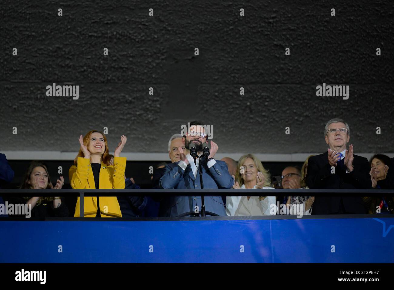 Santiago, Chile. Oktober 2023. Der chilenische Präsident Gabriel Boric bei der Eröffnung der Pan American Games Santiago 2023. Im Estadio Nacional Julio Martínez Prádanos in Santiago. Chile. Quelle: Reinaldo Reginato/FotoArena/Alamy Live News Stockfoto