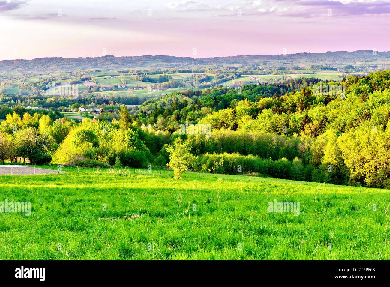 Idyllische Sommer-ländliche Landschaft mit grüner Wiese und Dorf, Polen. Stockfoto