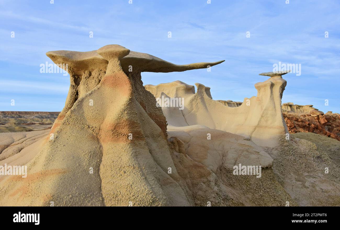 Die unglaublichen, farbenfrohen, erodierten Steinflügel-Felsformationen des Jägerwaschbereichs des Bisti Badlands, nahe farmington, New mexico Stockfoto